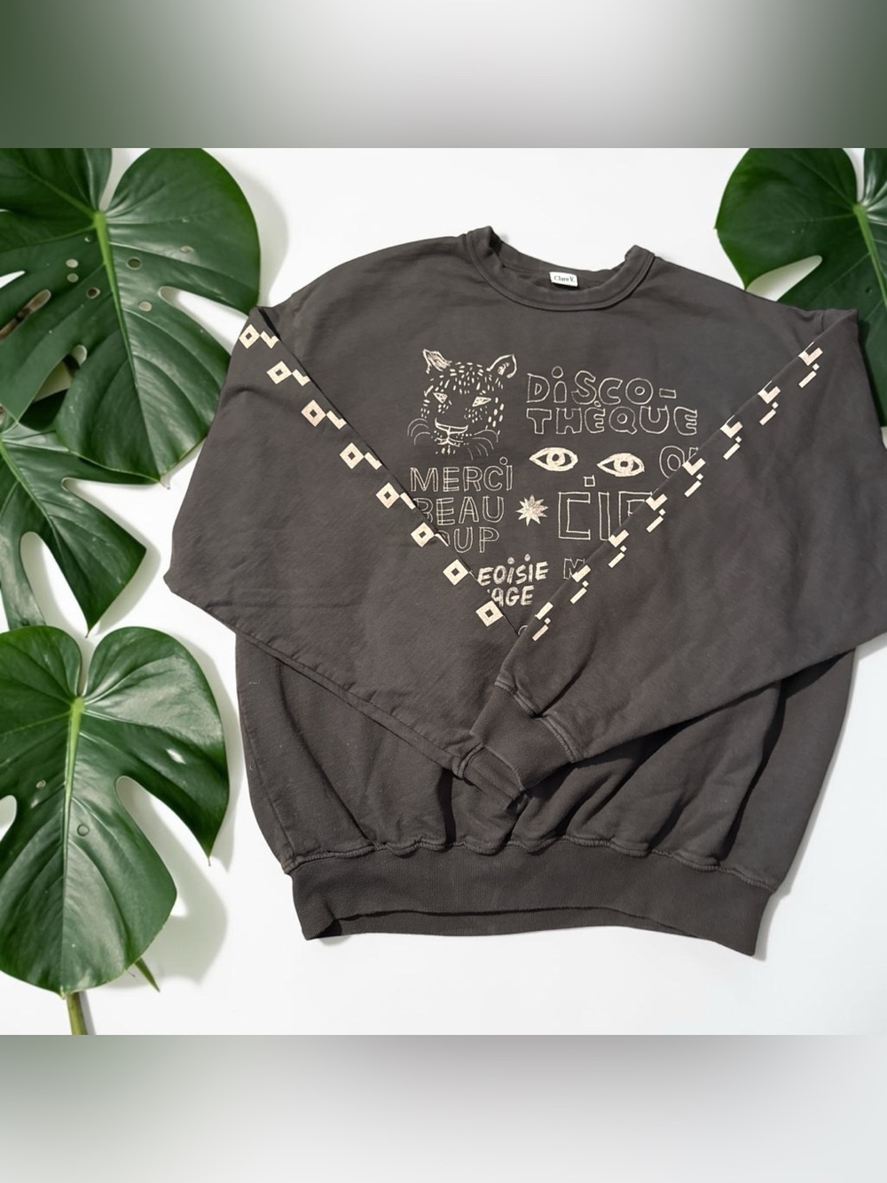 Clare V Oversized Charcoal Crewneck Sweater with Cream Graphic XS